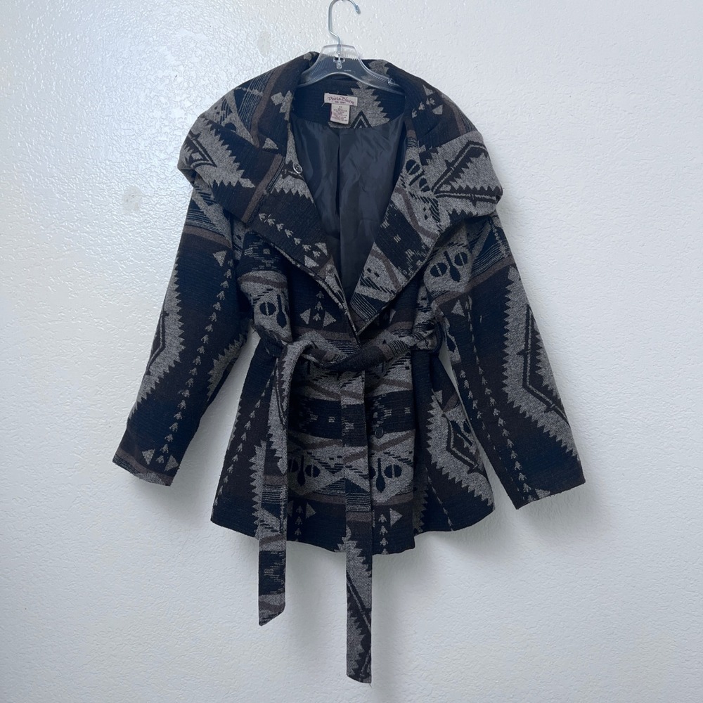 Vtg Y2K Paris Blues Southwestern Wool Blend Belted Hooded Mid-length Coat L-2X